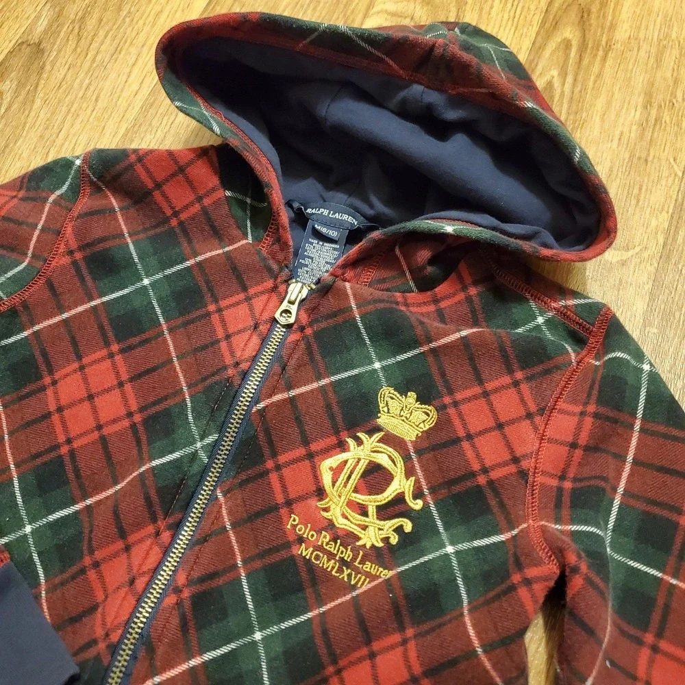 Vtg Polo Ralph Lauren Hoodie Jacket‎ Boys 8/10 Red Plaid Zip Up Crest Logo